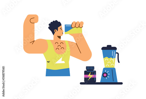 Athlete drinks protein gainer to increase body mass, flat vector isolated.