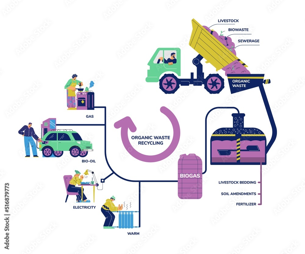 Organic waste recycling and biogas division, flat vector illustration isolated.