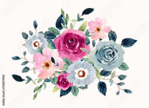 vintage pink blue watercolor floral bouquet
