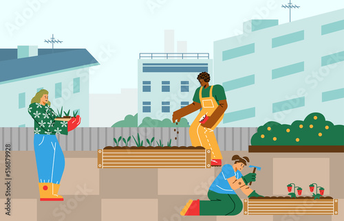 People gardening on the rooftop in the city, community garden concept - flat vector illustration.