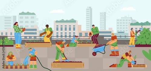People working at community garden flat style, vector illustration