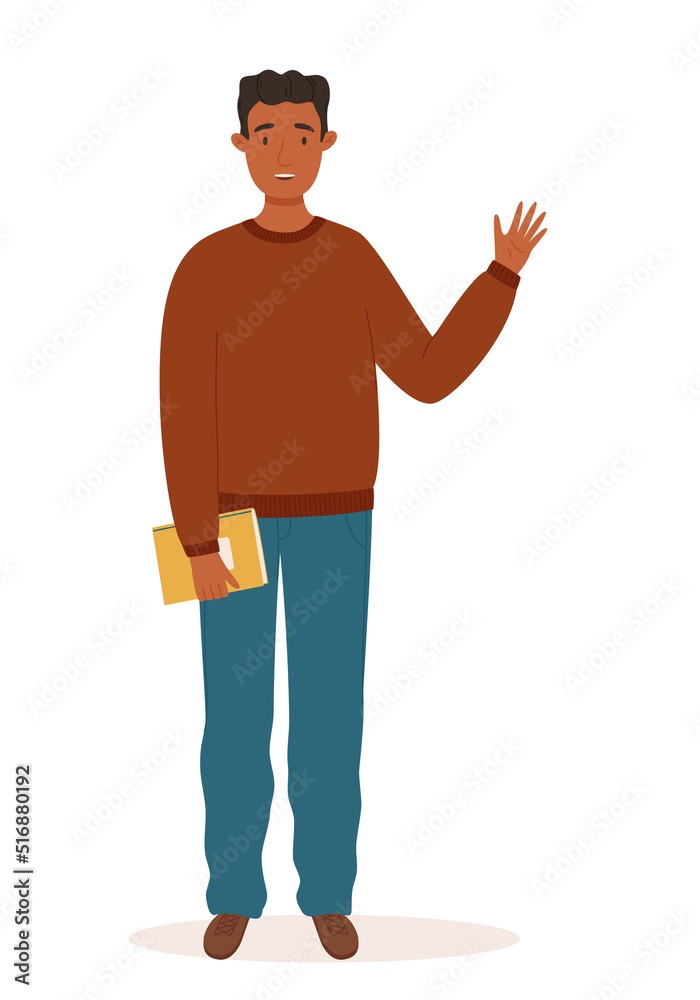 Young black-skinned man in casual clothes with textbook. Student concept character. Vector illustration in a flat style. Character illustration for presentations, cards, banners and other designs