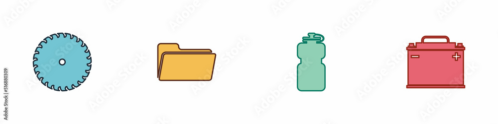 Set Circular saw blade, Folder, Sport bottle with water and Car battery icon. Vector Set Circular saw blade, Folder, Sport bottle with water and Car battery icon. Vector