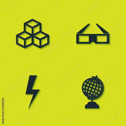 Set Isometric cube, Earth globe, Lightning bolt and 3D cinema glasses icon. Vector