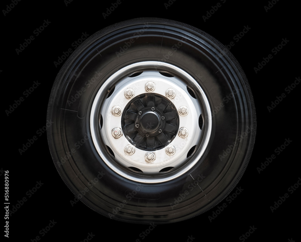 Obraz premium Truck Wheels Tires Isolated on Black Background. Rubber, Vechicle Wheels Tyres.