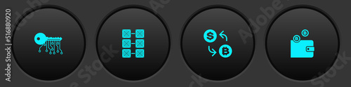Set Cryptocurrency key, Mining farm, exchange and wallet icon. Vector