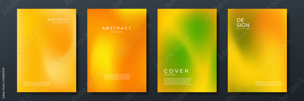 Blurred orange backgrounds set with abstract gradient texture background with dynamic blurred effect. Templates for brochures, posters, banners, flyers and cards. Vector illustration.