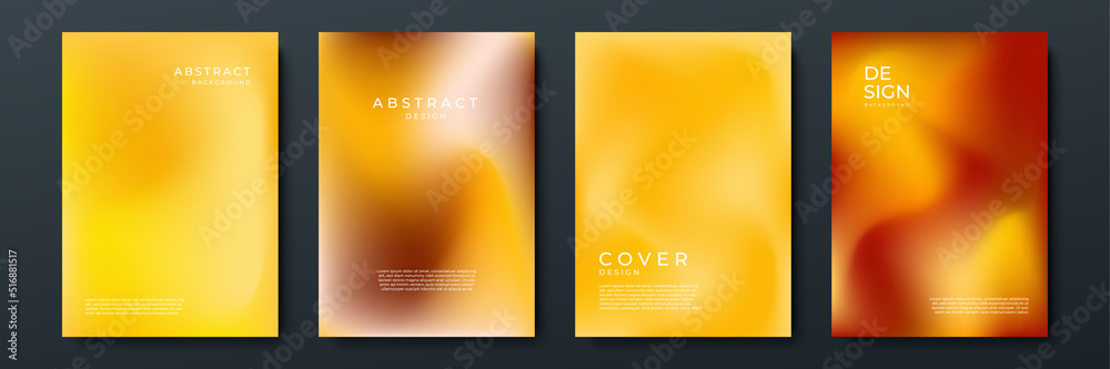 Blurred orange backgrounds set with abstract gradient texture background with dynamic blurred effect. Templates for brochures, posters, banners, flyers and cards. Vector illustration.