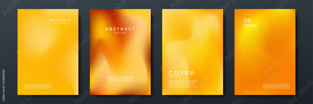 Blurred orange backgrounds set with abstract gradient texture background with dynamic blurred effect. Templates for brochures, posters, banners, flyers and cards. Vector illustration.