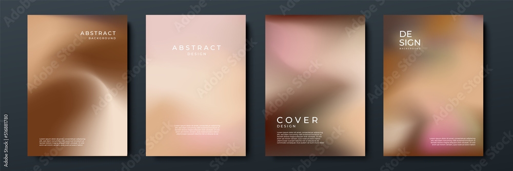 Blurred beige skin tone brown pastel backgrounds set with modern abstract blurred color gradient patterns. Smooth templates collection for brochures, posters, flyers and cards. Vector illustration.