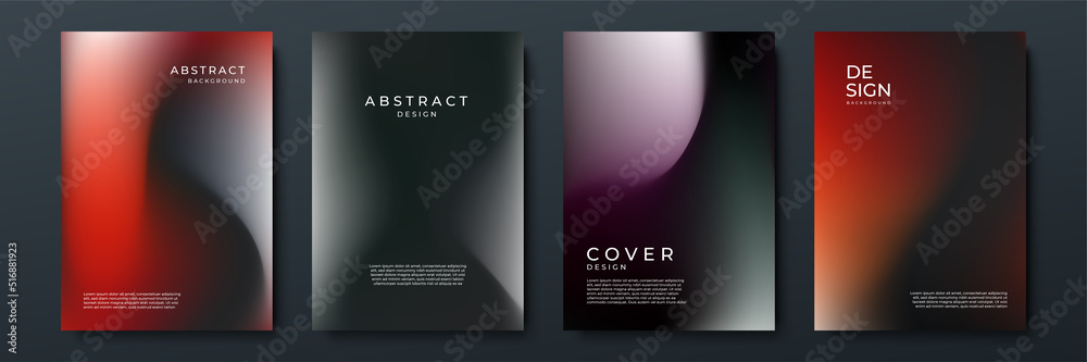 Blurred red black backgrounds set with abstract gradient texture background with dynamic blurred effect. Templates for brochures, posters, banners, flyers and cards. Vector illustration.