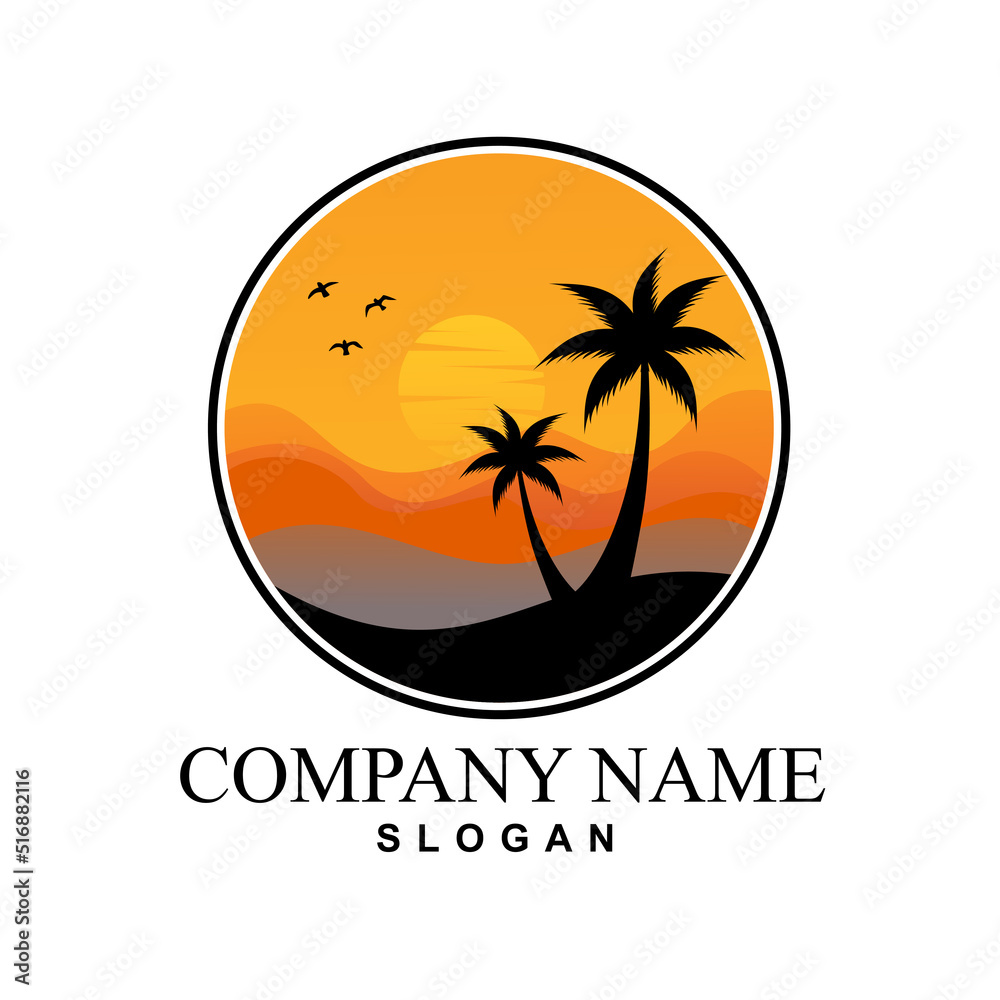Island Logo Design with Coconut Trees and Sunset