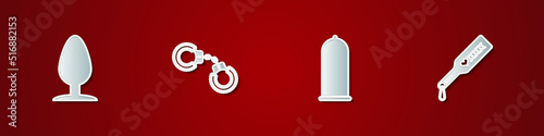 Set Anal plug, Sexy fluffy handcuffs, Condom safe sex and Spanking paddle icon. Vector