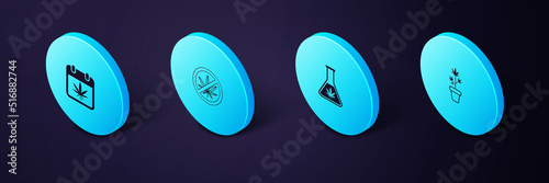 Set Isometric Marijuana plant in pot, Test tube with marijuana, Stop and Calendar and icon. Vector