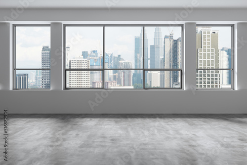 Downtown Kuala Lumpur City Skyline Buildings from High Rise Window. Beautiful Expensive Real Estate overlooking. Empty room Interior Skyscrapers View Malaysia. Day time. 3d rendering.
