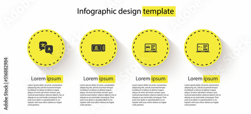 Set Translator, Museum ticket, Online car sharing and hotel booking. Business infographic template. Vector