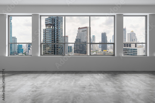 Empty room Interior Skyscrapers View Bangkok. Downtown City Skyline Buildings from High Rise Window. Beautiful Expensive Real Estate overlooking. Day time. 3d rendering.