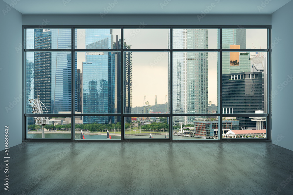 Downtown Singapore City Skyline Buildings from High Rise Window. Beautiful Expensive Real Estate overlooking. Empty room Interior Skyscrapers View. Sunset. 3d rendering. Downtown Singapore City Skyline Buildings from High Rise Window. Beautiful Expensive Real Estate overlooking. Empty room Interior Skyscrapers View. Sunset. 3d rendering.