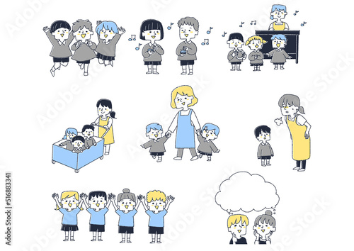幼稚園での楽しい遊び　伸び伸びと学ぶこども達のセット