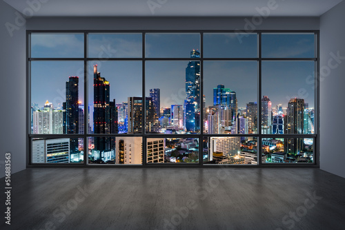 Empty room Interior Skyscrapers View Bangkok. Downtown City Skyline Buildings from High Rise Window. Beautiful Expensive Real Estate overlooking. Night time. 3d rendering. © VideoFlow