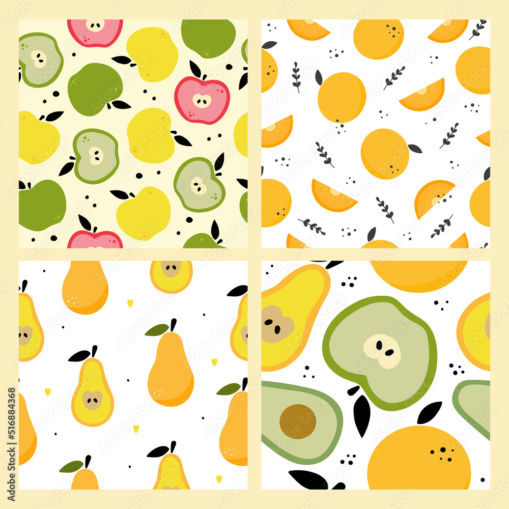 Collection of hand drawn cute pattern fruits