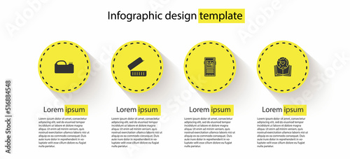 Set Canister for machine oil, Lunch box, Stop plastic pollution and Earth globe and book. Business infographic template. Vector