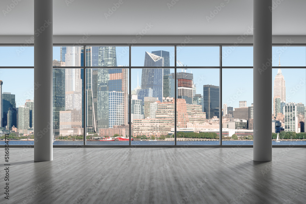 Midtown New York City Manhattan Skyline Buildings from High Rise Window. Beautiful Expensive Real Estate. Empty room Interior Skyscrapers View Cityscape. Day time. Hudson Yards West Side. 3d rendering