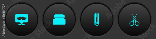 Set Barbershop, Cream or lotion cosmetic tube, Curling iron for hair and Scissors hairdresser icon. Vector