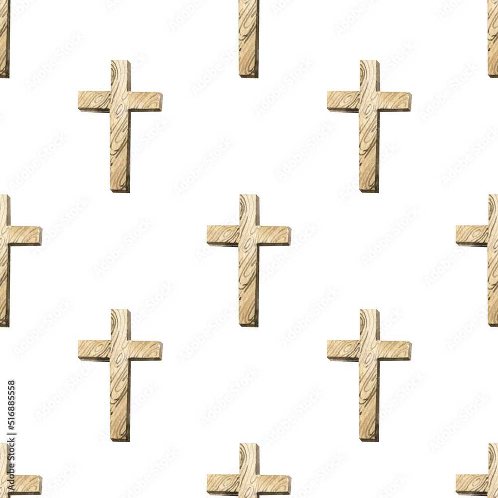 Seamless pattern with wooden cross. Watercolor illustration. Hand drawn religious element.