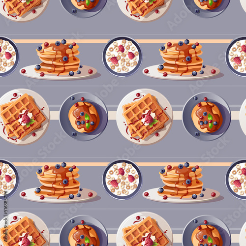 Seamless pattern with Belgian waffles and pancakes. Healthy eating, nutrition, cooking, breakfast, food, dessert, recipes concept. Vector illustration.