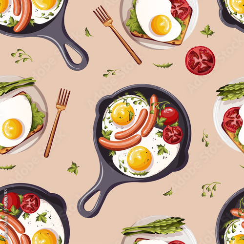 Seamless pattern with Pan of scrambled eggs, sausages, tomatos, asparagus. Healthy eating, nutrition, natural food, breakfast, cooking concept.