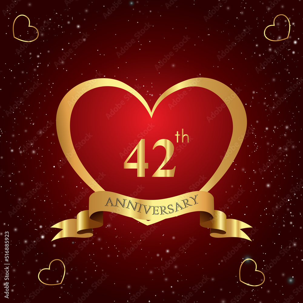 42 years anniversary celebration logo with red heart and gold ribbon isolated on dark red background. Premium design for weddings, graduation, ceremony, greetings card, and birthday party.
