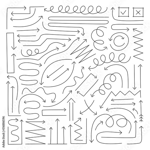 Small set collection of hand drawn arrows. Stylish elements for design. Vector illustration. .
