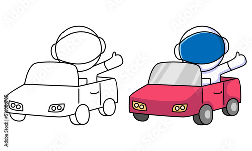 cute astronaut riding car coloring page for kids