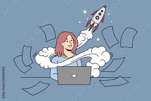 Motivated businesswoman working on computer launch startup. Smiling confident woman busy on laptop, rocket above head as innovative business idea. Vector illustration. 