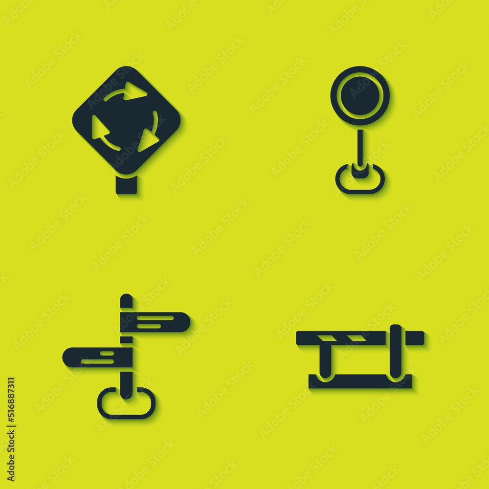 Set Roundabout traffic sign, Parking car barrier, Road and icon. Vector Set Roundabout traffic sign, Parking car barrier, Road and icon. Vector