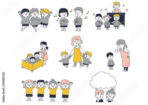 幼稚園での楽しい遊び　伸び伸びと学ぶこども達のセット