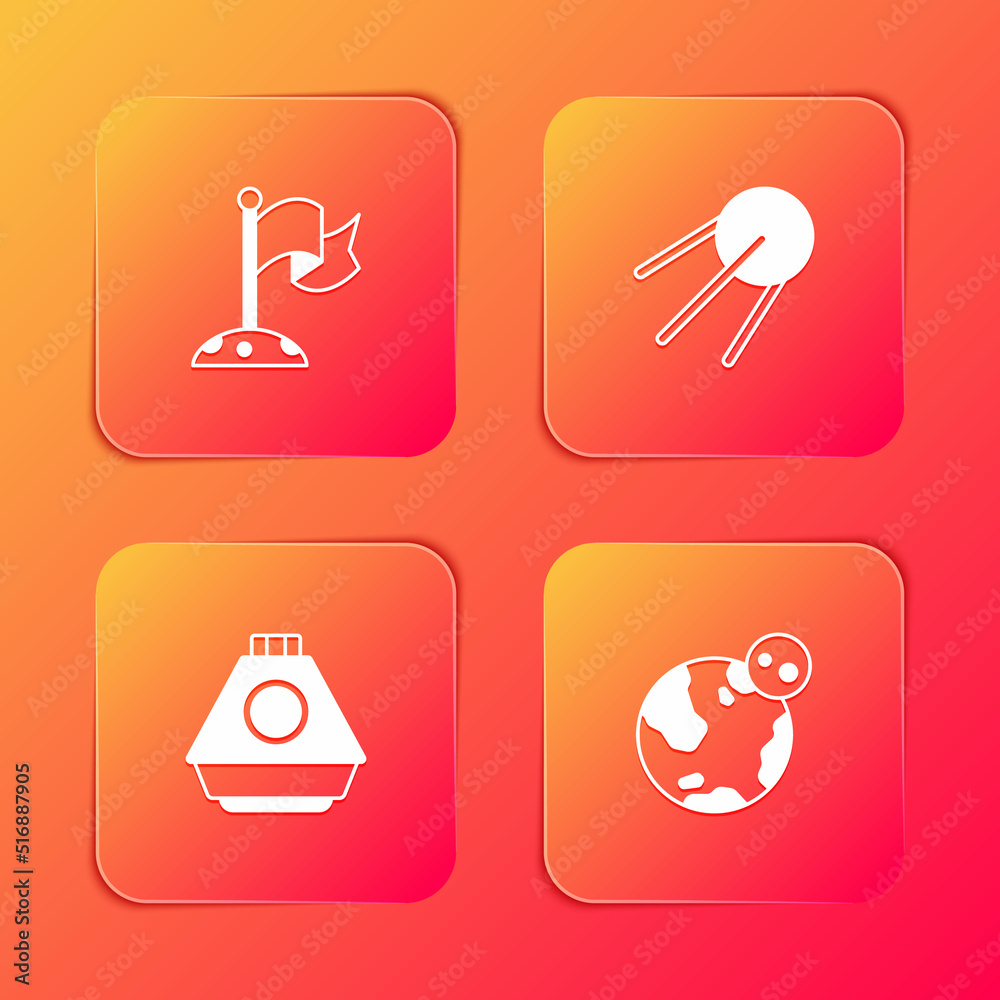 Set Moon with flag, Satellite, Space capsule and Earth globe icon. Vector Set Moon with flag, Satellite, Space capsule and Earth globe icon. Vector