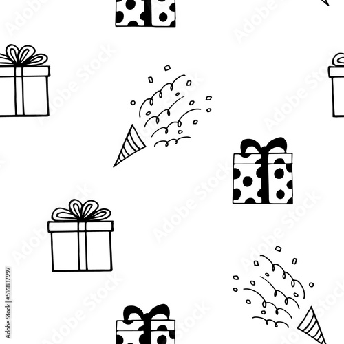 gift box and salute seamless pattern drawn in doodle style. holiday background.
