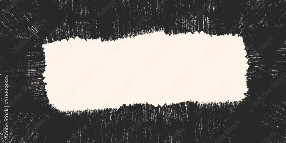 Dirty distress frame basis with copy space. Artistic messy banner background in monochrome color. Paint roller overlay texture. Grunge design elements. Graffiti or paintbrush banner with black color