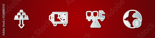 Set Gold bars, Safe, Stop delivery cargo truck and Global economic crisis icon. Vector