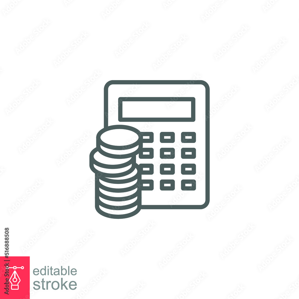 Budget icon. Simple outline style. Money flow account with calculator. Business concept. Vector design illustration isolated. Editable stroke EPS 10. Budget icon. Simple outline style. Money flow account with calculator. Business concept. Vector design illustration isolated. Editable stroke EPS 10.