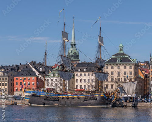 The replica of the old Indian Man Götheborg, at the pier Skeppsbron in the old town Gamla Stan, for the East India arriving to Shanghai 2023, a sunny summer day in Stockholm