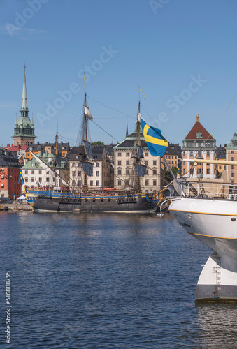 Stern of a the steel sailing ship af Chapman and the old Indian Man Götheborg, the old town Gamla Stan, for Shanghai 2023, a sunny summer day in Stockholm