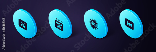 Set Isometric Rewind button, Prohibition no video recording, Video recorder editor and Music editing icon. Vector
