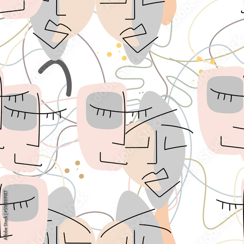 Woman Face line. Abstract drawing seamless pattern