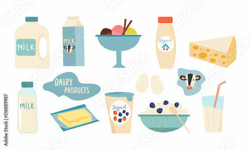 Collection of dairy products. A large collection of dairy products such as milk in different packages, yogurt, cheese, eggs, ice cream, butter. Vector illustration.