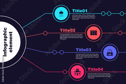 Set Shower, Locker or changing room, Sport bag and Gym building. Business infographic template. Vector