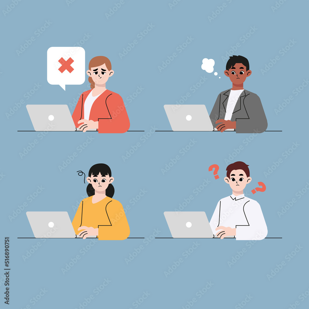 Thinking young people are sitting at desktop. Work the computer, financial analytics. Office worker or company employee. Puzzled and confused people with a question mark. Flat drawn vector design Thinking young people are sitting at desktop. Work the computer, financial analytics. Office worker or company employee. Puzzled and confused people with a question mark. Flat drawn vector design