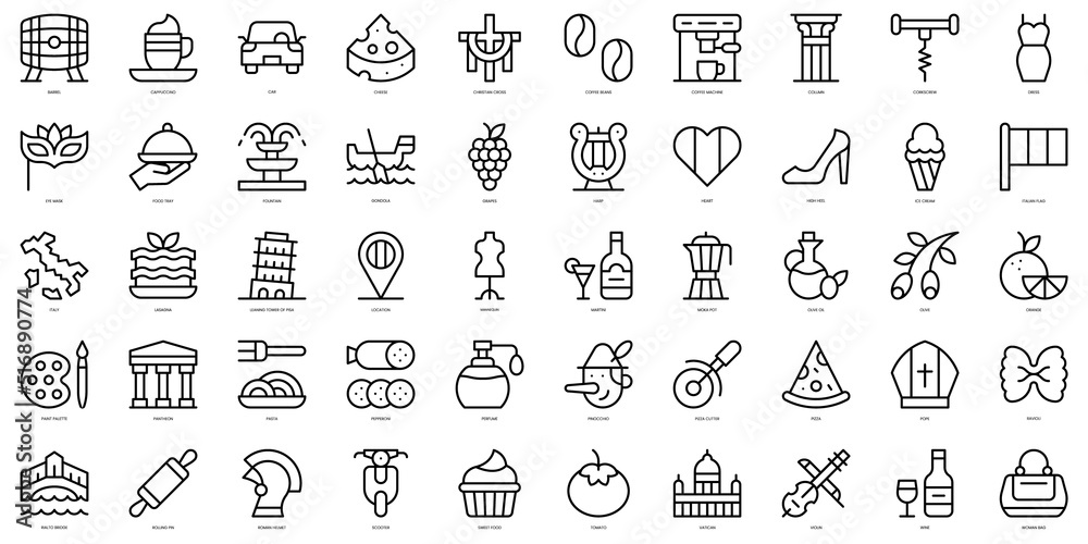 Set of thin line italy Icons. Vector illustration